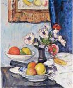 Still Life Of Anemones And Citrus Fruit by George Leslie Hunter