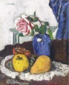 Fruit And Pink Rose In A Blue Vase by George Leslie Hunter