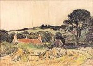Cottage And Haystacks, Fife by George Leslie Hunter
