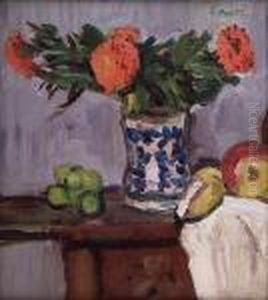Still Life Of Marigolds And Fruit