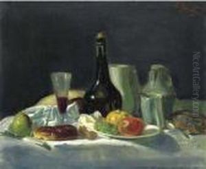 Still Life With Bottles And Fruit by George Leslie Hunter