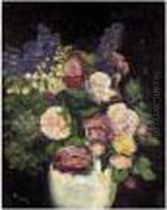 Still Life With Roses And Delphiniums by George Leslie Hunter