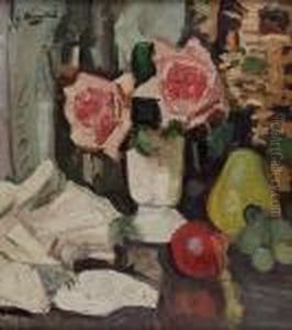 Still Life Of Pink Roses And Fruit by George Leslie Hunter