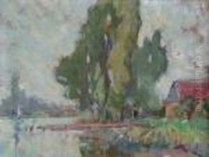 A River Landscape With Red-roofed Barn by George Leslie Hunter