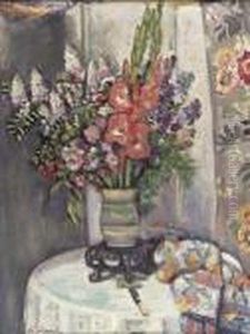 Still Life With Flowers In A Striped Vase by George Leslie Hunter