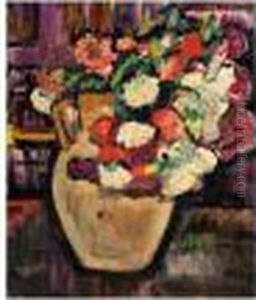 A Still Life Of Flowers In A Yellow Jug by George Leslie Hunter