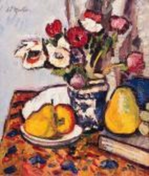 Anemones In A Blue And White Vase With Apples, Grapes And Pears Ona Draped Table - view 1