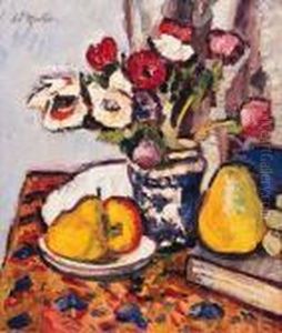 Anemones In A Blue And White Vase With Apples, Grapes And Pears Ona Draped Table by George Leslie Hunter