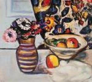 Anemones In A Striped Vase With Apples In A Bowl by George Leslie Hunter