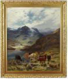 Highland Cattle Watering In A Mountain Loch by Louis Bosworth Hurt
