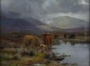 Highland Cattle Watering In A Mountain Lochan by Louis Bosworth Hurt