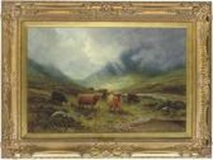 A Highland Landscape With Cattle Beside A River by Louis Bosworth Hurt