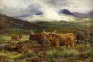 Highland Cattle In A Mountain Landscape by Louis Bosworth Hurt