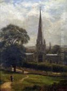 Ashbourne Church, A Summer Landscape With Figure And Sheep by Louis Bosworth Hurt