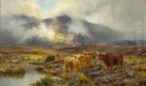 Highland Cattle In A Mountainous Landscape With Lowering Clouds
