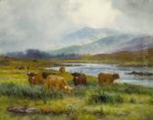 Highland Cattle Watering At A River by Louis Bosworth Hurt