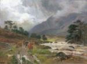 Highland Cattle On A Riverside Path by Louis Bosworth Hurt