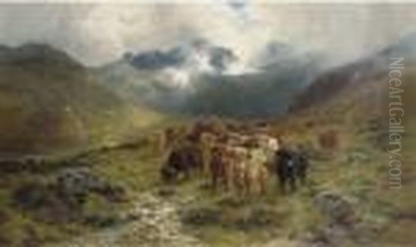 Highland Cattle And Drovers In A Valley - view 1