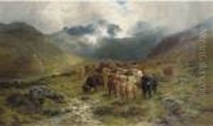 Highland Cattle And Drovers In A Valley by Louis Bosworth Hurt