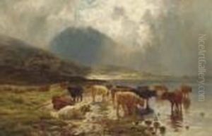 Highland Cattle Watering By A Loch by Louis Bosworth Hurt