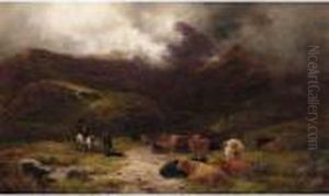 Highland Cattle And Drovers In A Glen by Louis Bosworth Hurt
