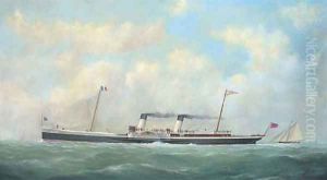 The cross-Channel paddlesteamer Paris (II) outward bound for France with a racing cutter astern of her by George Mears