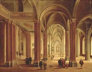 The interior of a Gothic Cathedral with elegant figures by Johann Ludwig Ernst Morgenstern