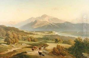 Drover on Horseback with his Cattle in a Mountainous Landscape with Schloss Anif, Salzburg beyond 1870 by Josef Mayburger