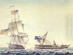 Naval engagement between the U S Frigate Constitution and H M Frigate Java by Montardier