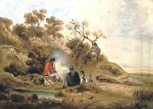 A wooded river landscape with figures by a camp fire by George Morland