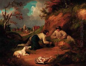 Boys rabbiting with a village beyond by George Morland