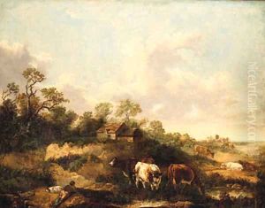 A Drover And Cattle Resting In A Wooded Landscape by George Morland