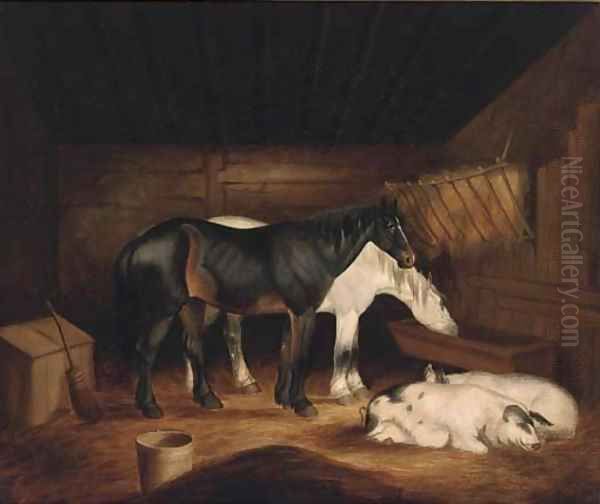 Horses and pigs in a stable - view 1
