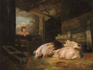 Pigs in a sty with a child at the gate by George Morland