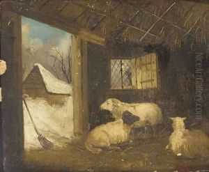Sheep in a stable in winter by George Morland