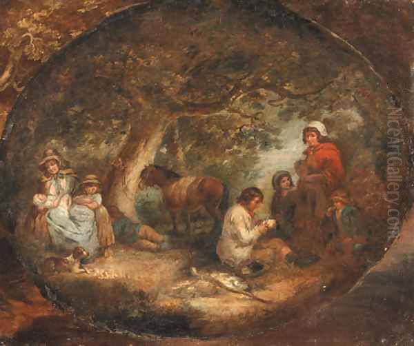 Travellers resting in a wooded landscape, in a painted oval - view 1