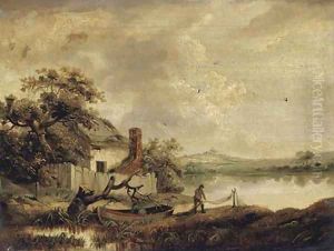 A fisherman sorting his nets by a lakeside cottage by George Morland