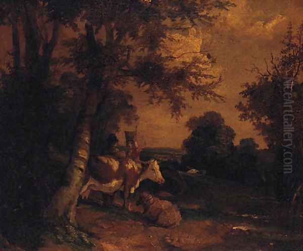 Figures with Cattle and Sheep in a wooded Landscape - view 1