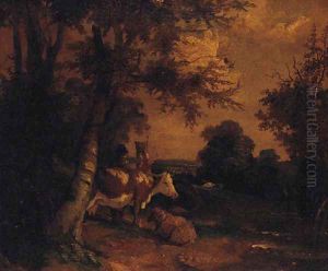 Figures with Cattle and Sheep in a wooded Landscape by George Morland