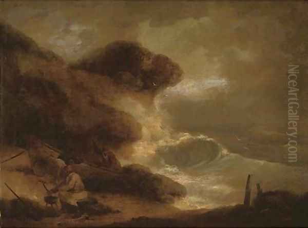 Fisherman cooking while others repair a boat in a storm - view 1