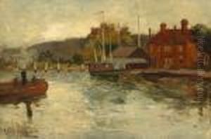 A River Landscape With A Boat Approaching A Dock by Robert Gemmell Hutchison