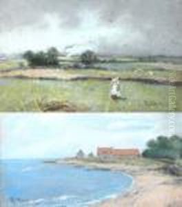 Scottish Bay Withbuildings And Woman In The Field by Robert Gemmell Hutchison