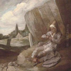 A peasant defleeing himself by Bartholomeus Molenaer