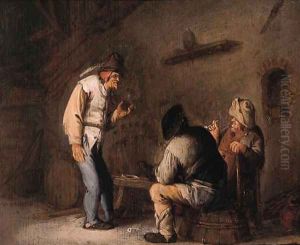 Boors drinking and smoking in a barn by Bartholomeus Molenaer
