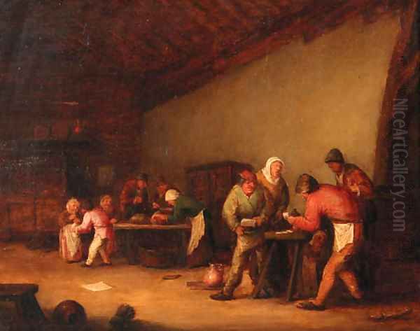 Boors playing at cards in a barn, children beyond - view 1