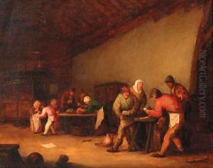 Boors playing at cards in a barn, children beyond by Bartholomeus Molenaer