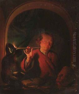 A man lighting a pipe at a casement with a bust, a statuette and books on a ledge by Louis de Moni