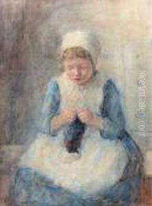 A Girl Knitting by Robert Gemmell Hutchison