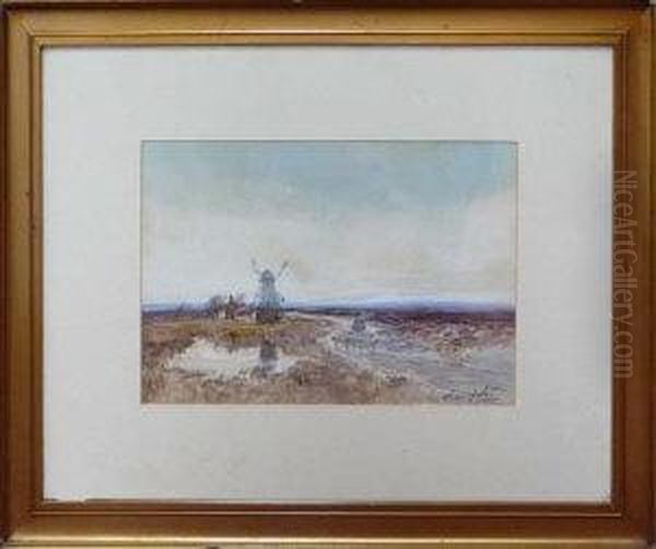 A Shepherd And Flock On A Road Near A Windmill - view 1