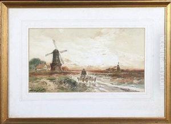 Shepherd And Flock Near A Windmill At Sunset - view 1